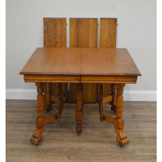 Victorian Antique Golden Oak Square Dining Table With 3 Leaves & North