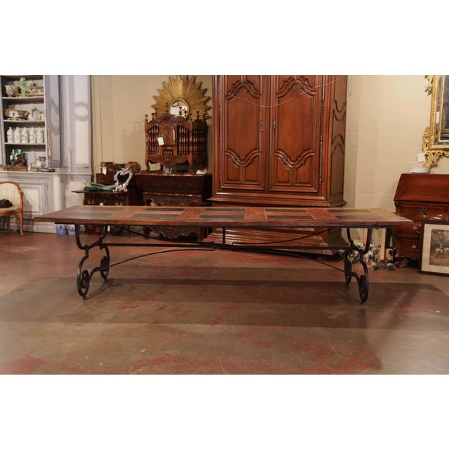 Large French Chestnut And Slate Dining Room Table On Forged