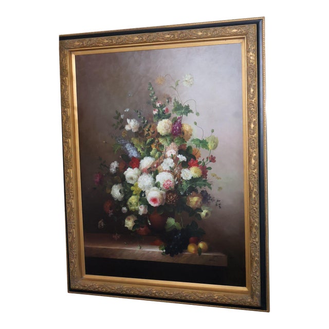 Late 20th Century Grand Scale Floral Still Life Oil Painting by L. Stewart For Sale