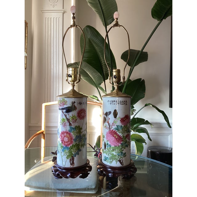 Mid 20th Century Vintage Chinese Porcelain Bird and Floral Table Lamps - a Pair For Sale - Image 5 of 5