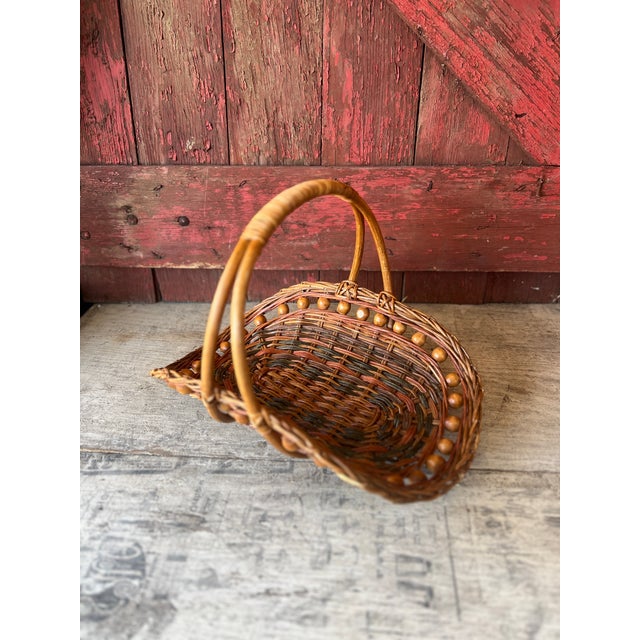 Farmhouse Vintage Gathering Basket With Decorative Bead Accents Wicker & Wood For Sale - Image 3 of 10