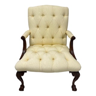 Vintage Pale Yellow Moiré Tufted Chippendale Chair For Sale