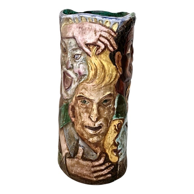 Vintage Hand-Painted Vase with Faces attributed to Tullio Dalbisola, 1960s For Sale