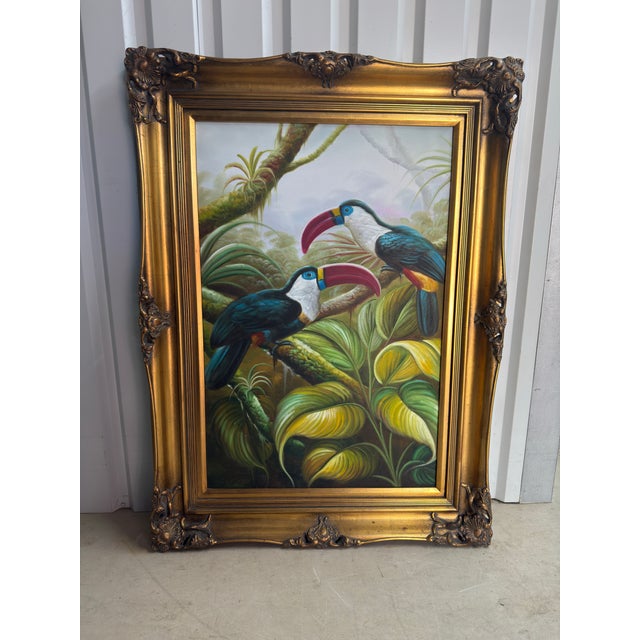 Campaign Vintage Late 20th Century Toucans in Paradise Tropical Print in Ornate Gold Baroque Frame — Curated by Turtle and Crane Reproduction For Sale - Image 3 of 9