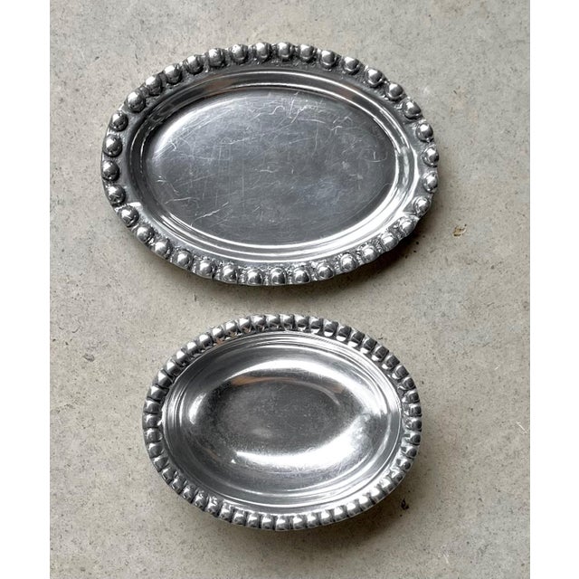 Circa 1980 Beaded Rim Byzantine-Inspired Mexican Pewter Oval Bowl & Underplate Set For Sale - Image 14 of 18