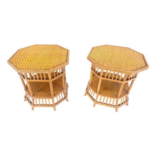 Cane Bamboo Rattan Octagon Shape 2 Tier End Side Lamp Occasional Table For Sale