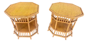 Cane Bamboo Rattan Octagon Shape 2 Tier End Side Lamp Occasional Table