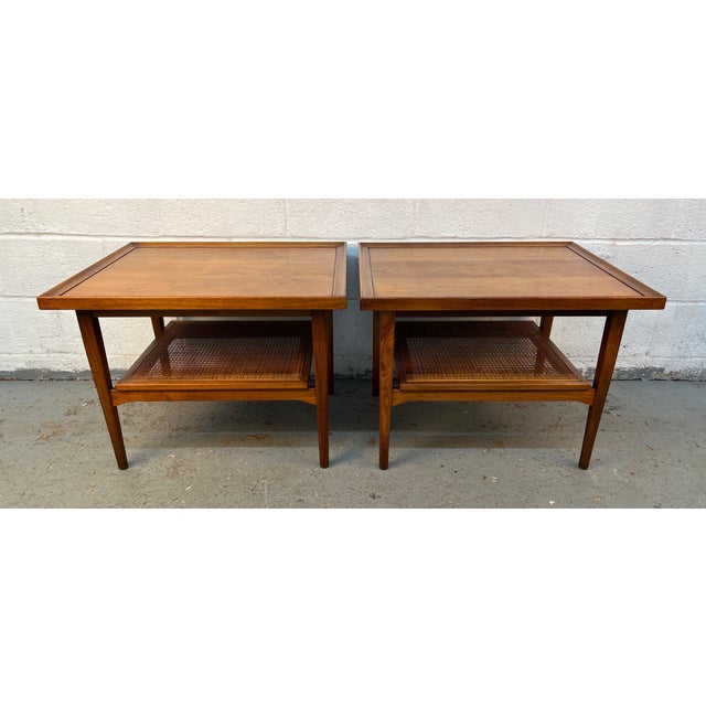 Mid-Century Walnut and Cane Drexel Declaration End Tables by Kipp Stewart For Sale - Image 9 of 14