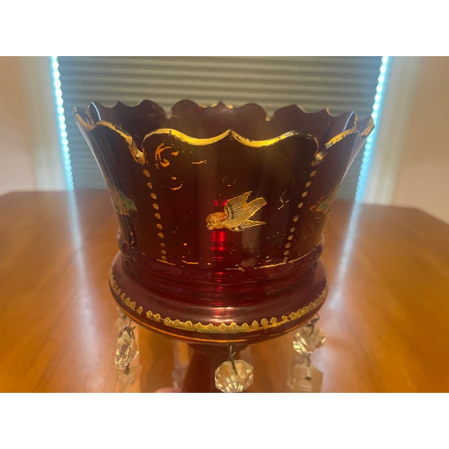 Red Pair of Bohemian Ruby Cranberry Glass Mantle Lusters With Gold Bird and Peacock Motifs and Crystal Prisms For Sale - Image 8 of 14