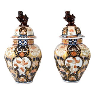 Japanese Imari Porcelain Temple Jars, Set of 2 For Sale