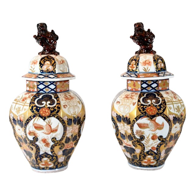 Japanese Imari Porcelain Temple Jars, Set of 2 For Sale