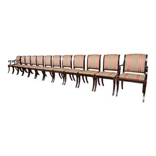 Baker Furniture Regency Carved Mahogany and Ebonized Dining Chairs, Set of Twelve For Sale