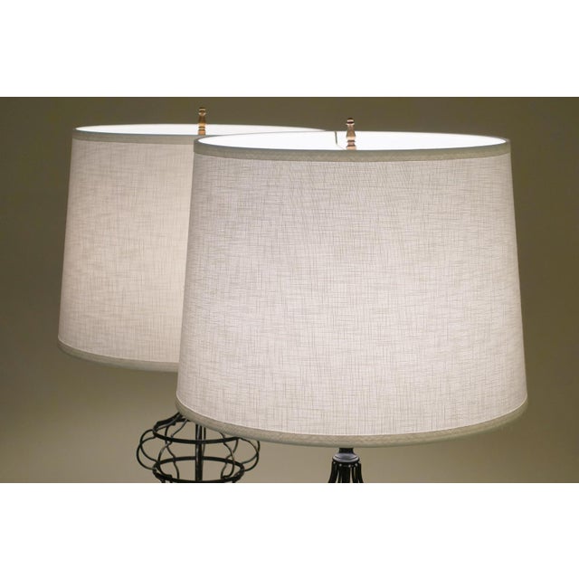 1930s French Empire Neoclassical Wire Urn Cage Brass Wood Table Lamps - a Pair For Sale - Image 9 of 11