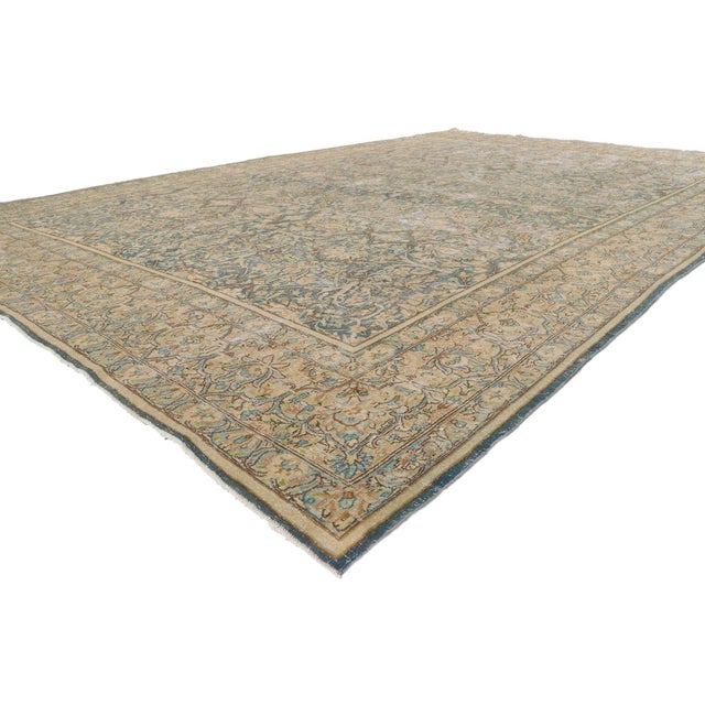 53765 Antique-Worn Persian Kerman Rug, 08'09 x 13'05. The Faded Botanist’s Court: An Antique Persian Kerman Rug of Poetic...