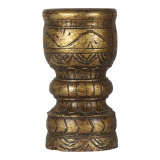 Vintage Wooden Carved Mortar In Gold Finish Candlestand For Sale