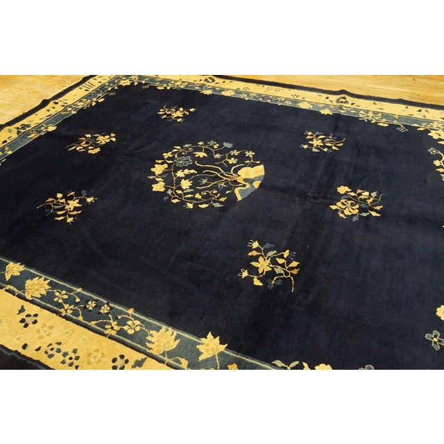 Incredible Navy Background and Special Central Floral Antique Chinese Peking Rug For Sale - Image 9 of 12