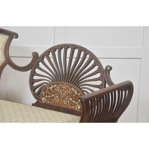 White Mahogany Settee with Fan Back and Floral Marquetry, 1890s For Sale - Image 8 of 10