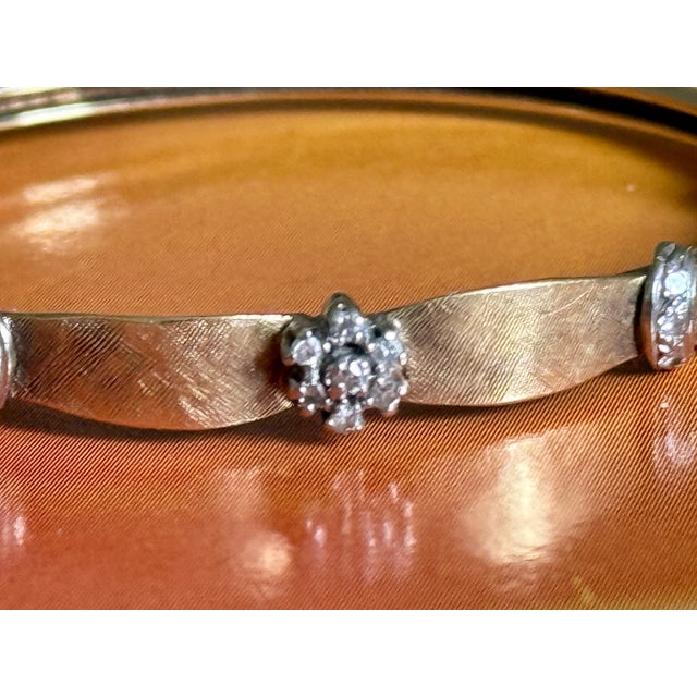 Mid Century 18k Yellow Gold Florentine Finish Diamond and Crescent Bangle Bracelet For Sale - Image 14 of 15