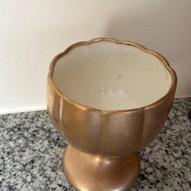 Early 20th Century Gold Ceramic Porcelain Glazed Lotus Chalice Vase/Planter Signed For Sale - Image 9 of 12