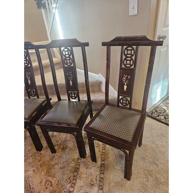 Vintage Set of Five Chinoiserie Inlaid Back Dining Side Chairs For Sale - Image 13 of 15
