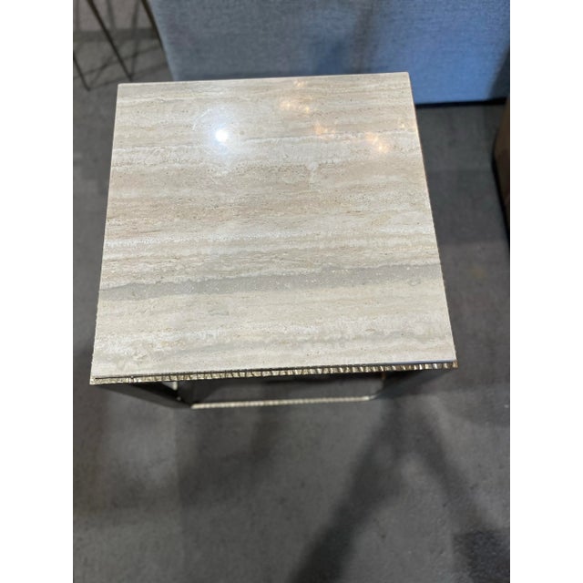 2010s Lexington Laural Canyon Tan Travertine Top & Brush Metal Frame "Stone Canyon" Side Table For Sale - Image 5 of 9