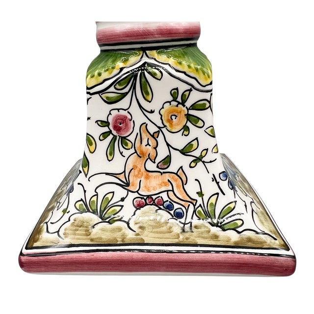 Pair of Hand-Painted Portuguese Faience Candlesticks by C. Melo With Birds, Dog, Castle & Deer – Folk Art / European Traditional For Sale - Image 14 of 18