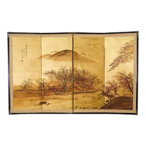 Japanese Showa Four Panel Screen Autumn Landscape on Gilt