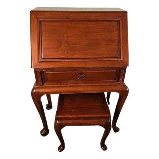 Vintage 1960s Chinese Queen Anne Rosewood Drop Front Secretary Desk W Stool For Sale
