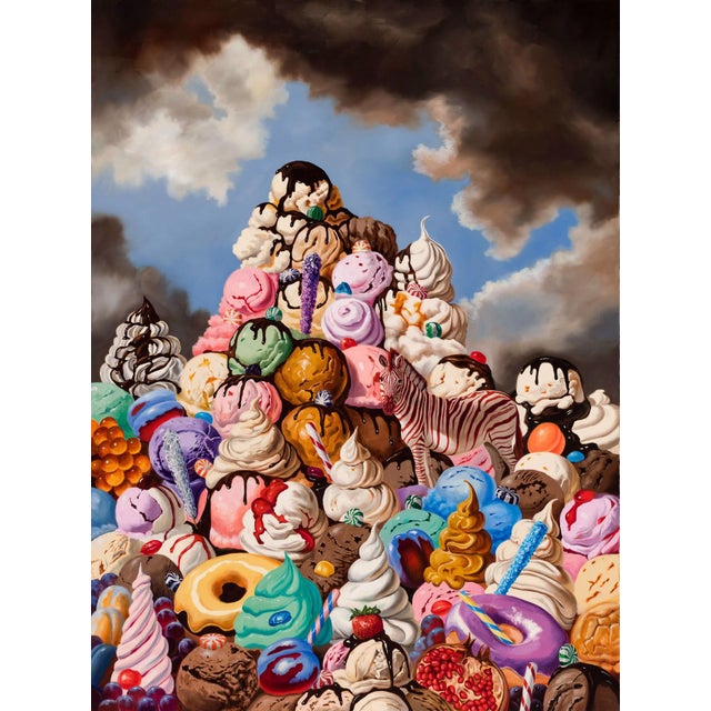 The Queen of Ice Cream by Robin Hextrum | Oil on Canvas Colorful mountain of ice cream and desserts For Sale