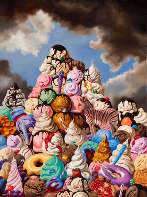 The Queen of Ice Cream by Robin Hextrum | Oil on Canvas Colorful mountain of ice cream and desserts