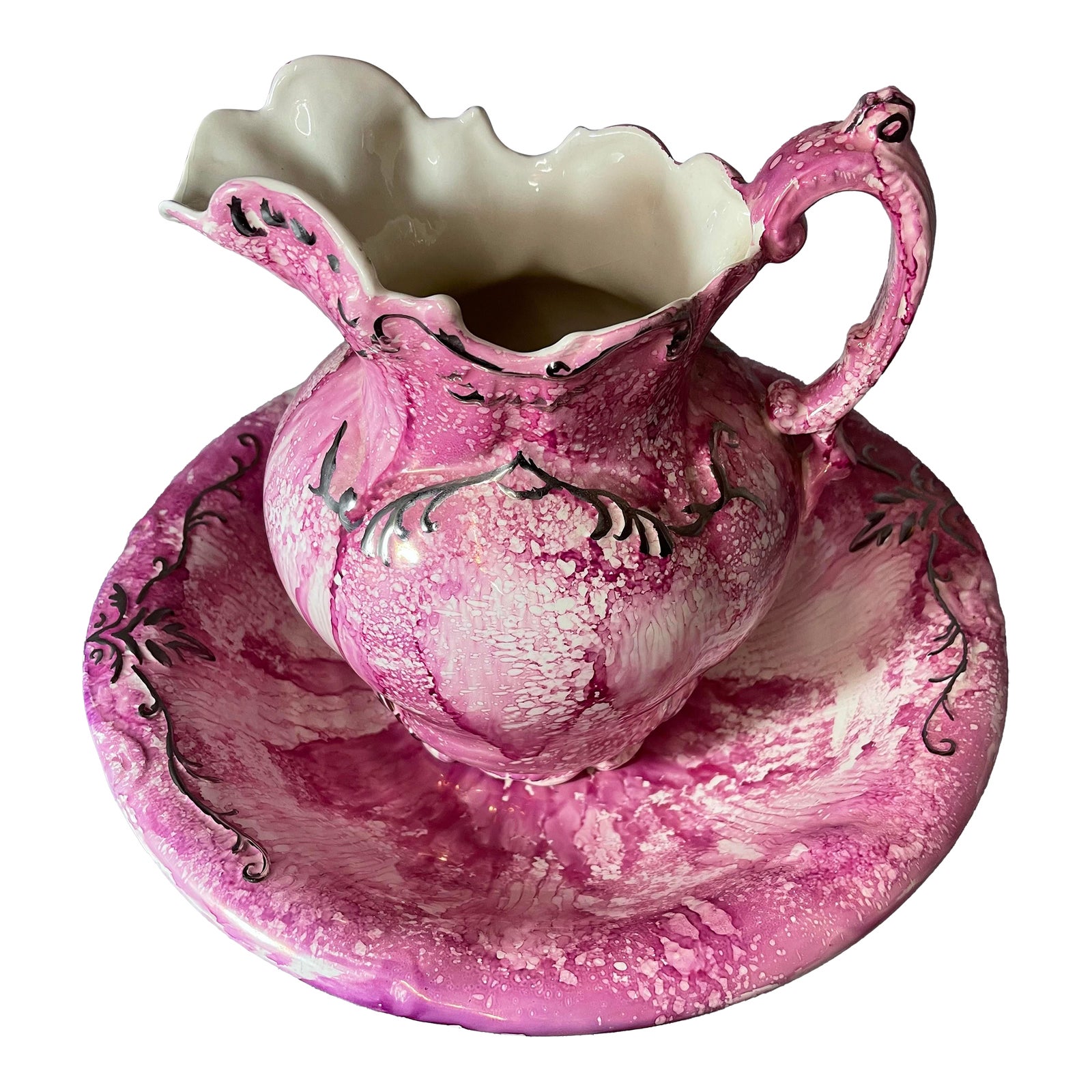 Vintage Signed Wash Basin & Pitcher Pink & White Lusterware With Drip ...