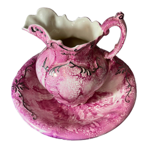 Vintage Signed Wash Basin & Pitcher Pink & White Lusterware With Drip Glaze & Gilding