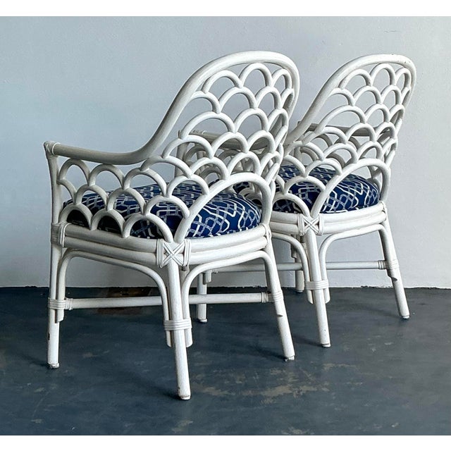 Late 20th Century Vintage Coastal Scalloped Rattan Lounge Chairs - A Pair For Sale - Image 5 of 12