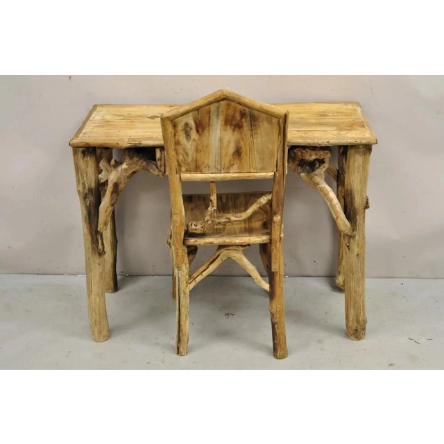 Vintage Rustic Modern Driftwood Branch Small Wooden Desk and Chair Set with Drawer. Circa Late 20th Century. Measurements:...