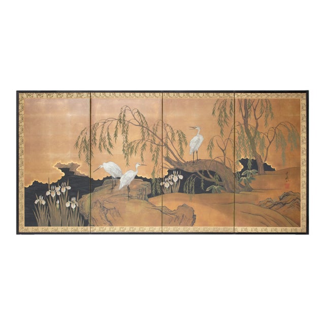 "Willow and White Herons" by Yukiga, 1970s Showa Era Japanese Painted Byobu Screen For Sale