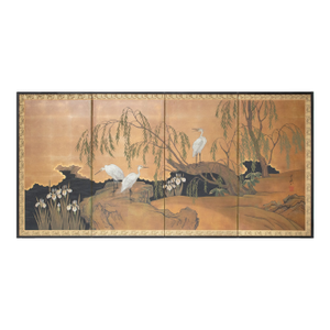 "Willow and White Herons" by Yukiga, 1970s Showa Era Japanese Painted Byobu Screen