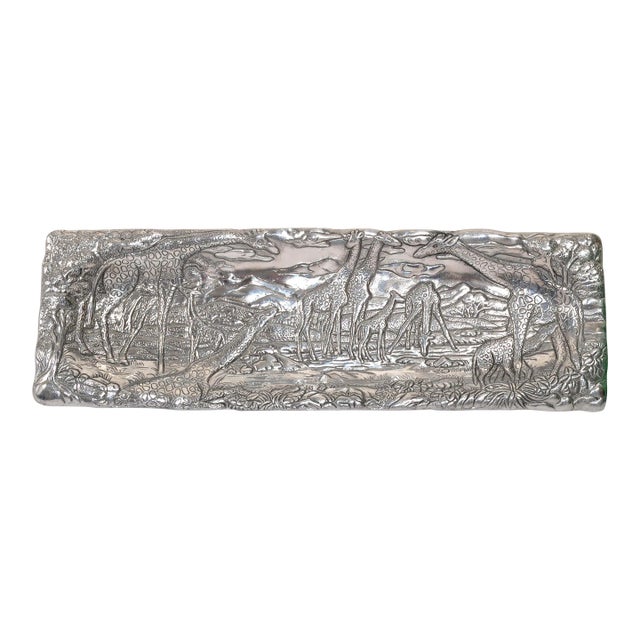 1990s Safari Giraffe Arthur Court Cast Aluminum Repousse Rectangle Serving Platter Tray For Sale