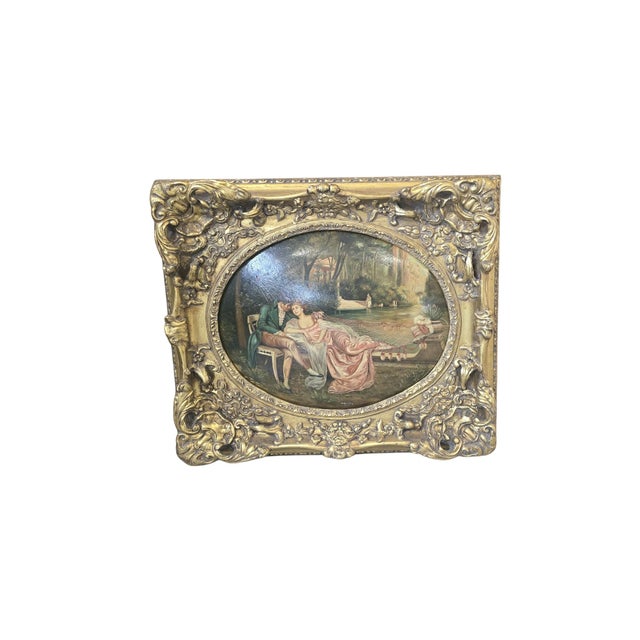 Gold Romantic Scenes, 1950, Oils on Canvases, Set of 2 For Sale - Image 8 of 18