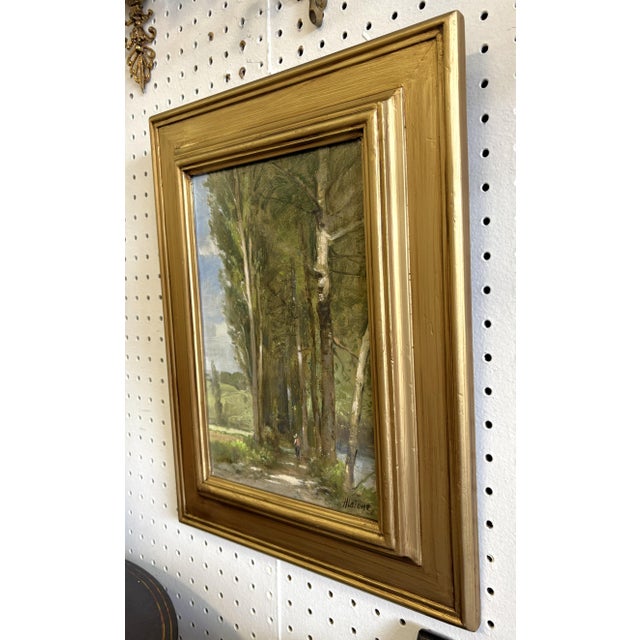 Robert Maione (American, 1932-1987) Original Signed and Framed Oil Painting on Canvas Titled 'Wooded Road by a River' C1976 For Sale - Image 17 of 18