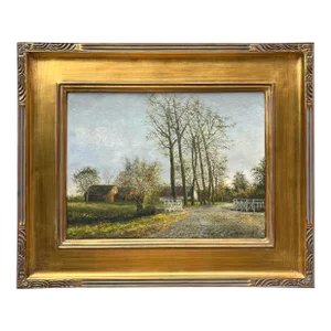 Vintage Dutch Landscape Oil Painting of a Farm and Trees by Van Neer