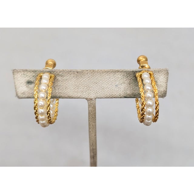 1980s Vintage 1980s Signed Napier Goldtone Faux-Pearl Hoop Clip Earrings-2 Pieces For Sale - Image 5 of 8