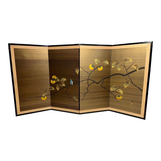 Vintage Japanese Four-Panel Byōbu Folding Silk Screen Persimmon & Bird Motif For Sale
