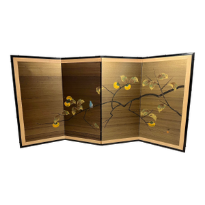 Vintage Japanese Four-Panel Byōbu Folding Silk Screen Persimmon & Bird Motif