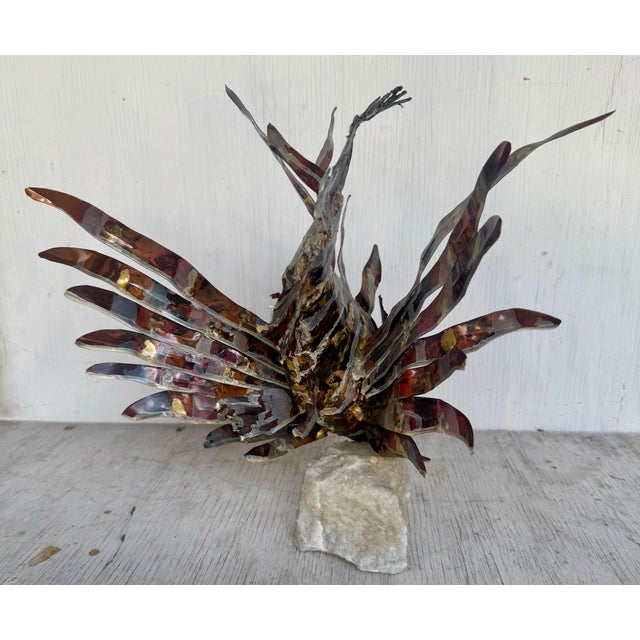 Late 20th Century Vintage Modern Enamel on Copper Mounted on Quartz Base Tropical Lion Fish Sculpture For Sale - Image 5 of 11