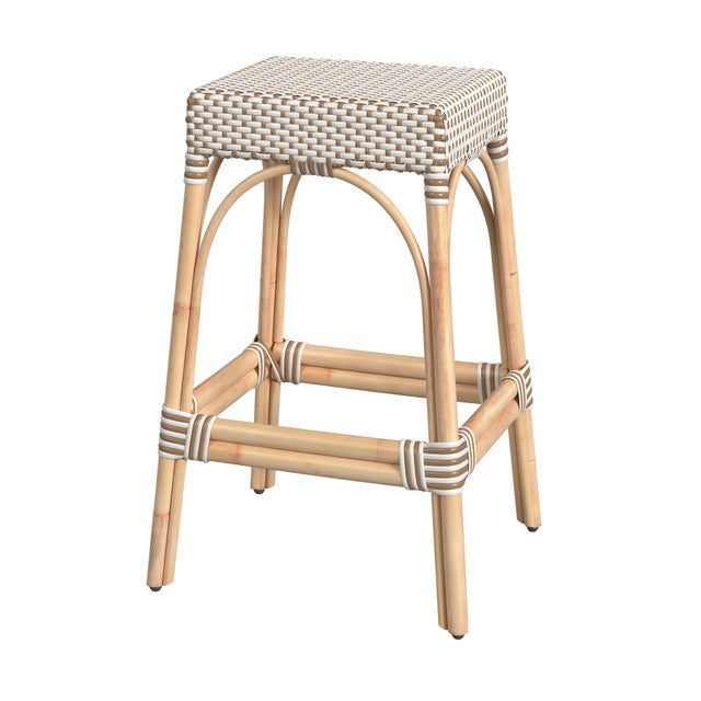 Wood Robias 30 in. Seat Height Rectangular Rattan Backless Bar Stool, White/Tan Dot / Natural Rattan Frame For Sale - Image 7 of 7