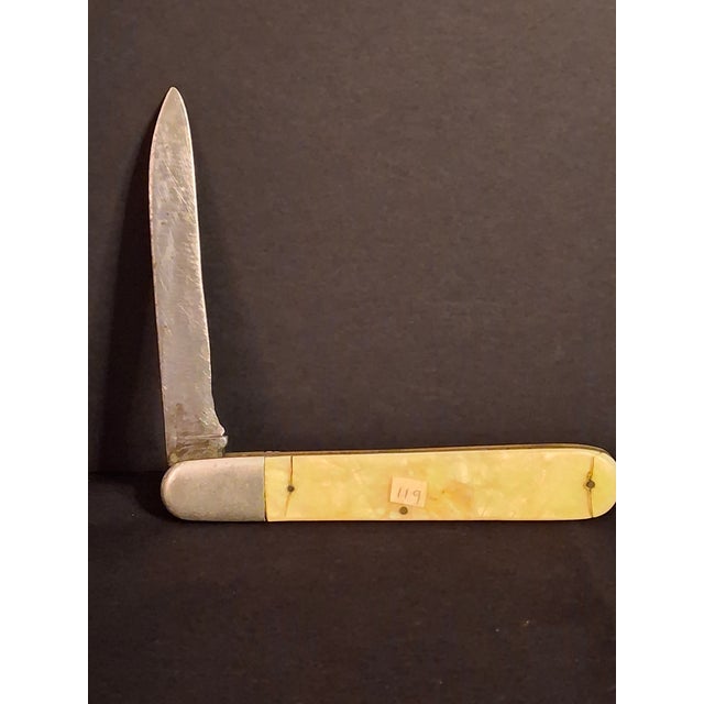 Metal Rare Antique 1920s Judaica Folding Challah Knife Shabbat Kodesh Celluloid Czech For Sale - Image 7 of 17