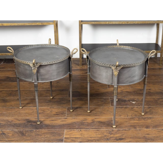 Mid-Century Modern Pair of Trouvailles Metal and Brass Side Tables with Swan Necks and Doors For Sale - Image 3 of 11