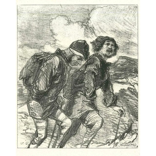 The Mountaineers is an original lithograph on ivory-colored paper, realized by the French draftsman Paul Gavarni (after)...