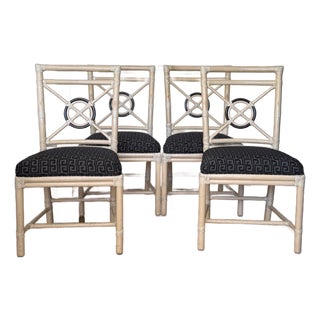 1980s McGuire Rattan Target Back Chairs with Thibaut Greek Key Upholstery, Set of 4. For Sale
