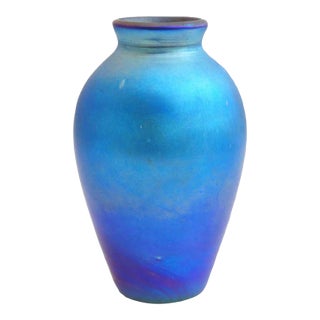 American Blue Iridescent Art Glass Vase Lamp Base For Sale
